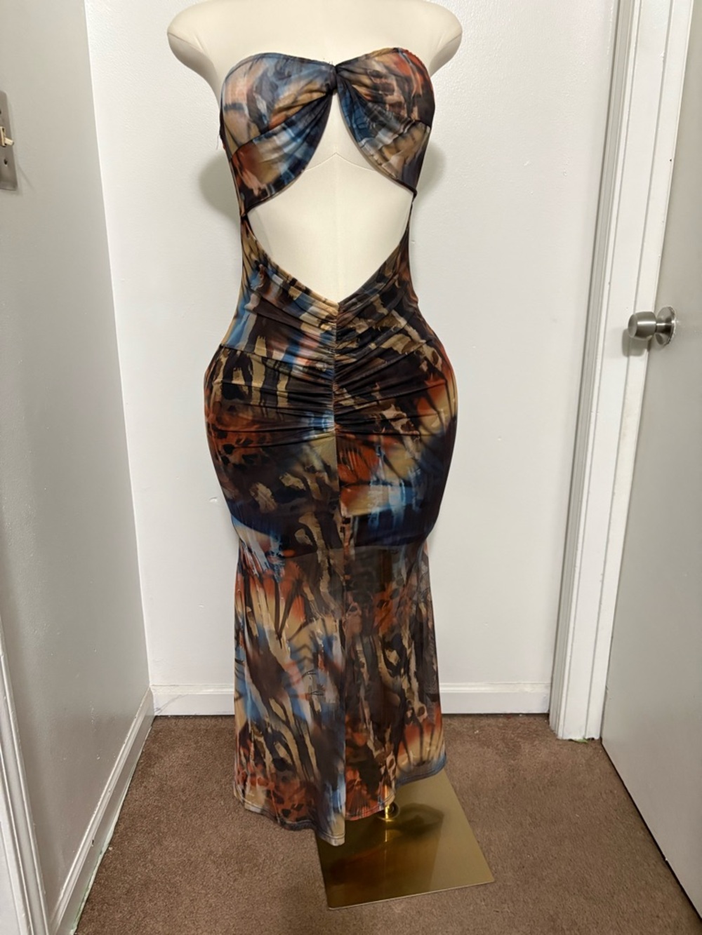 SHEIN Strapless Cutout Maxi Dress in Brown, Blue, Tan NWOT Large